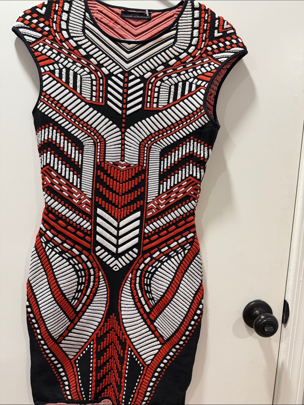 RVN Black Red & White Geometric Midi Dress